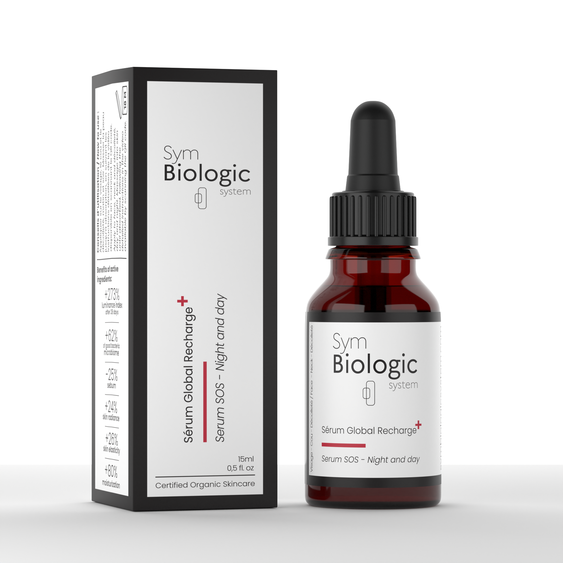 Sérum Global Recharge SOS Night and Day in a 15ml glass dropper bottle with its box on a white background, for 24/7 skin rejuvenation.