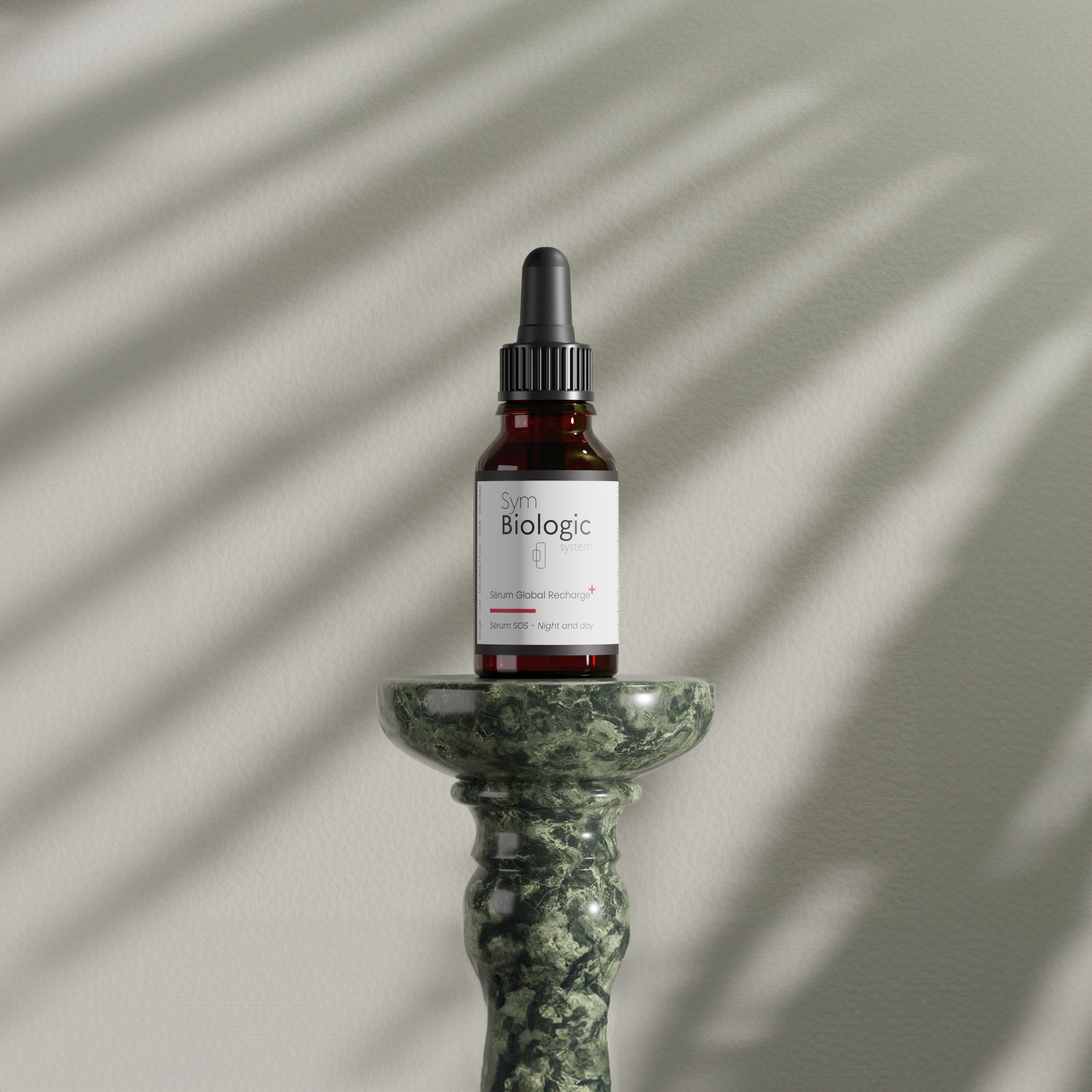 Image of Global Recharge serum on a stone display stand