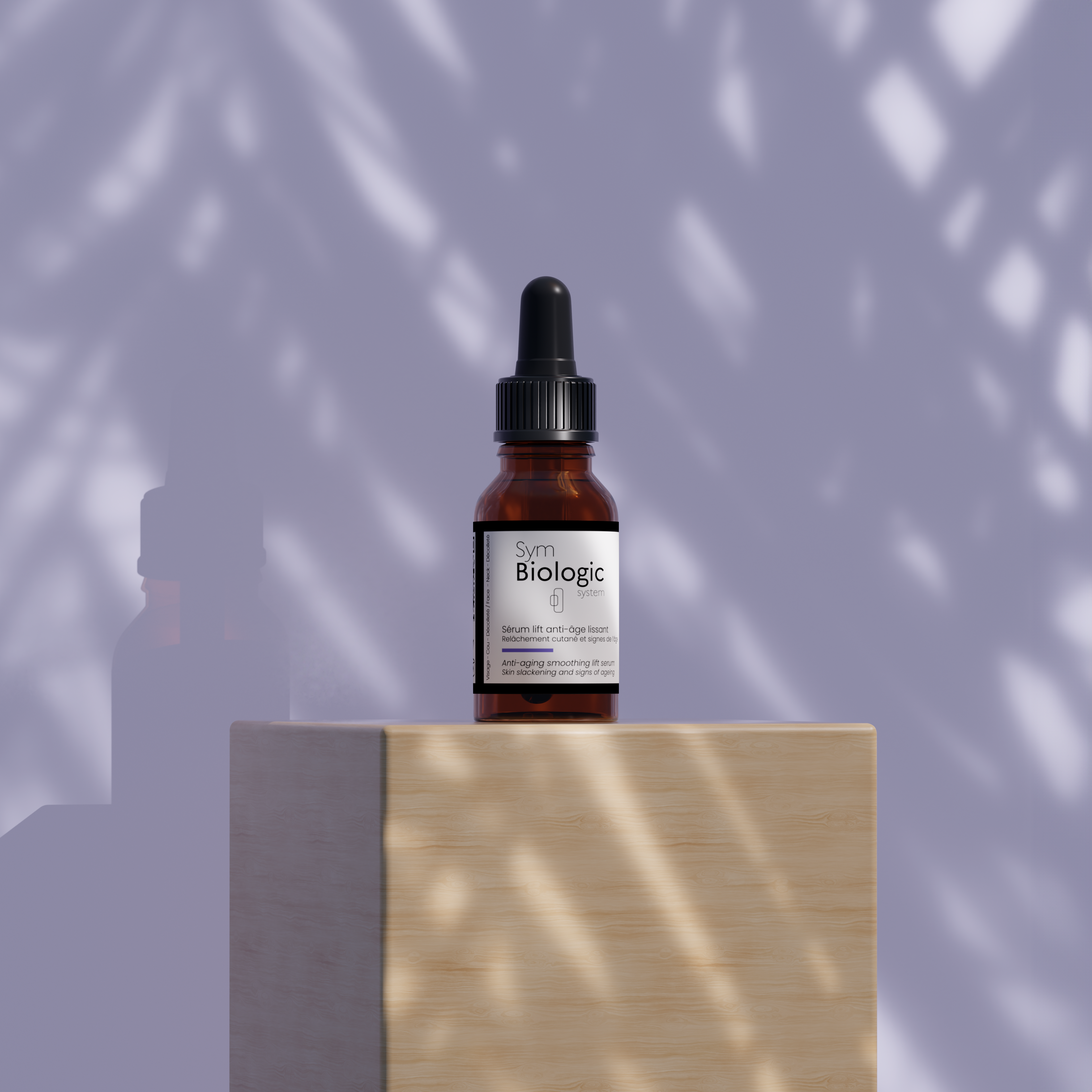 Image of anti-aging facial serum on a wooden display stand