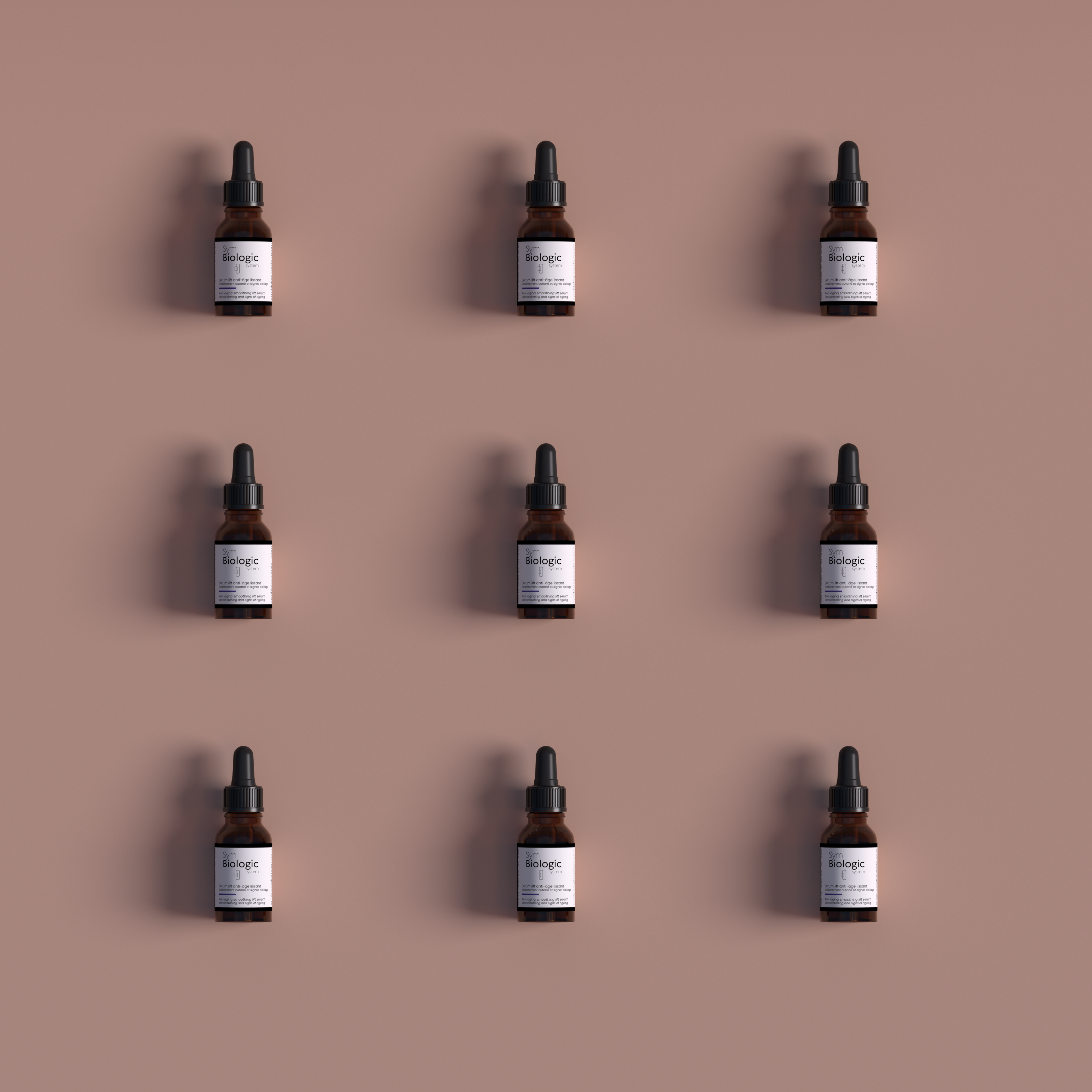 Image of nine Anti-Aging Smoothing Lift Serum bottles displayed in a 3x3 square grid from the front, against a light red backdrop, highlighting the product's elegant packaging and its box.