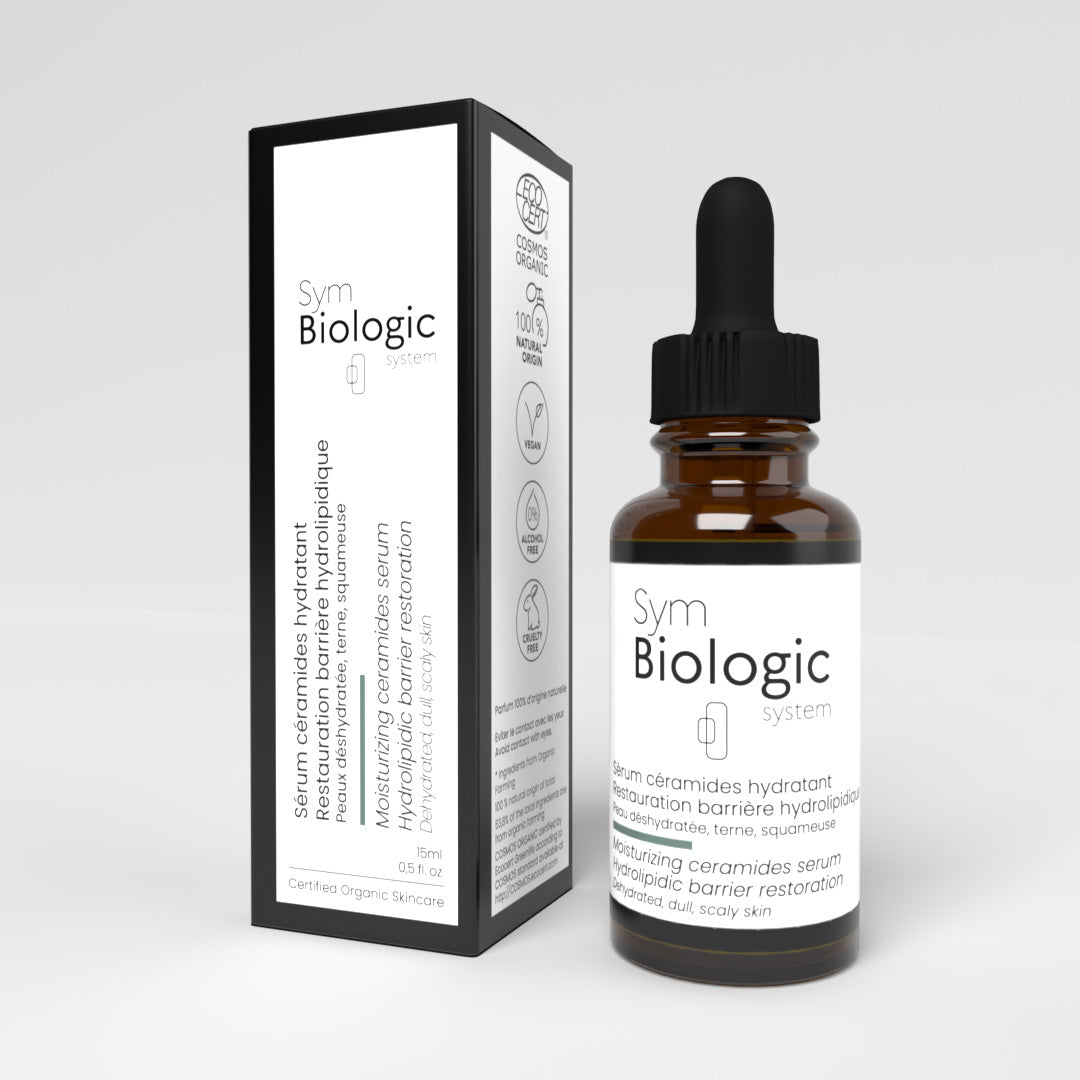 Moisturizing Ceramides Serum in a 15ml glass dropper bottle with its box on a white background, restoring the hydrolipidic barrier.