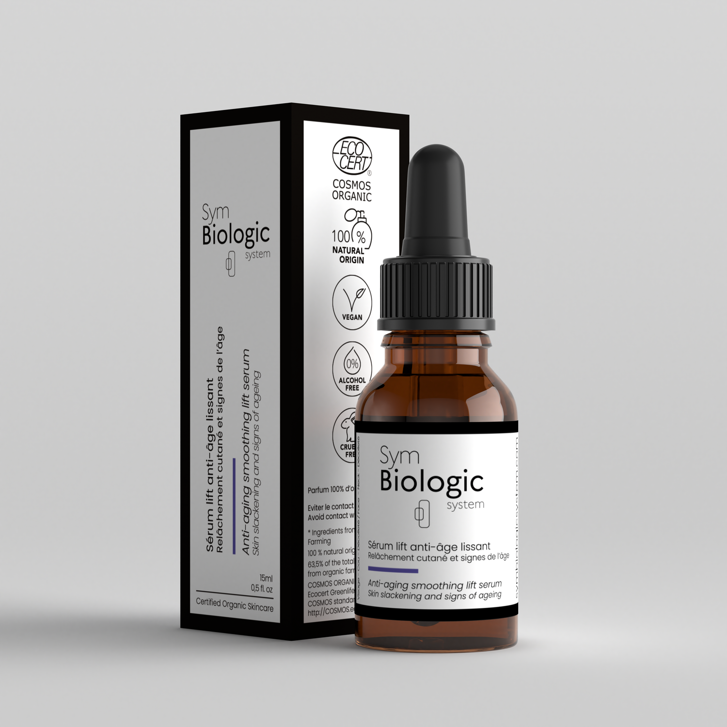Anti-Aging Smoothing Lift Serum in a 15ml glass dropper bottle with its box on a white background, for firming and smoothing.