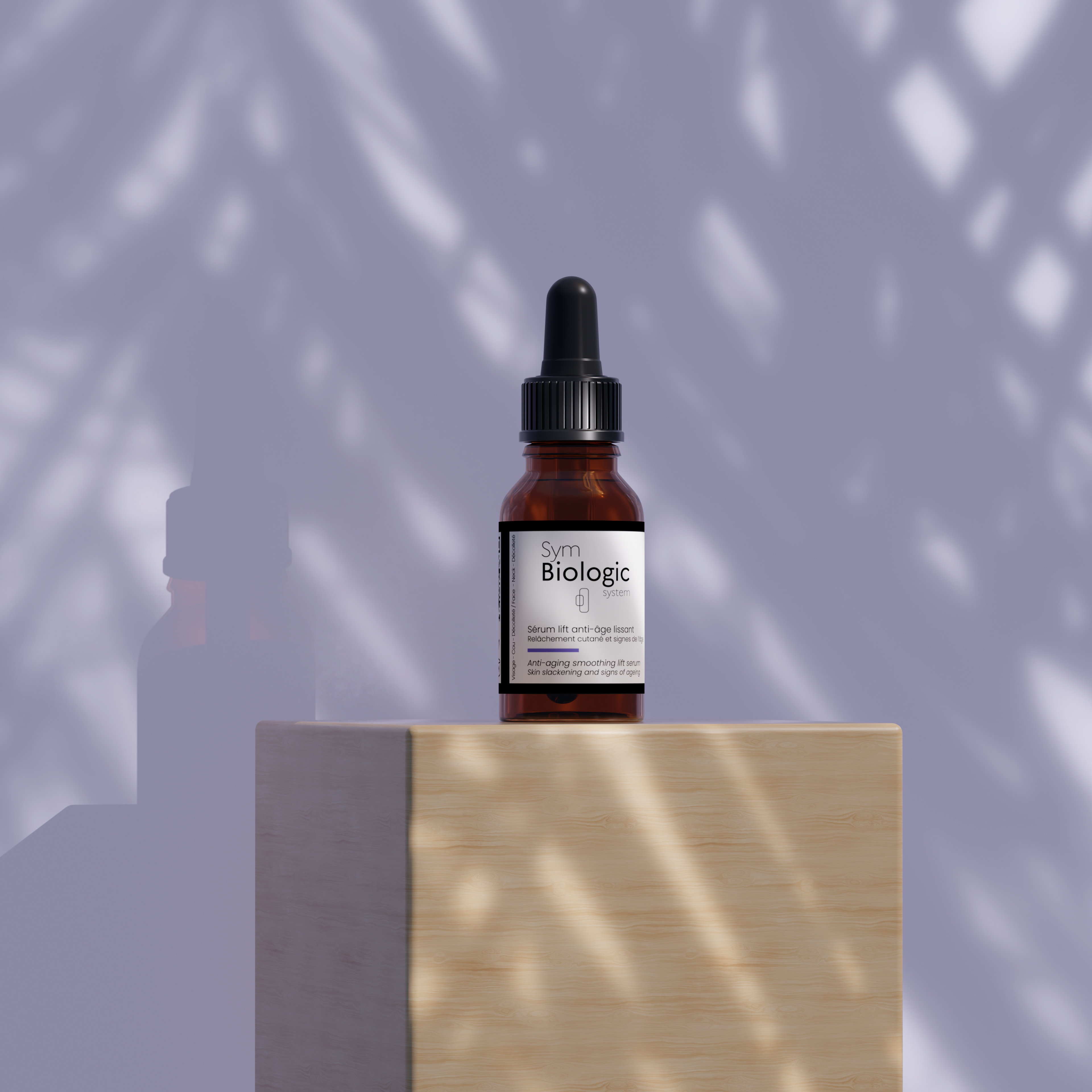 Image of anti-aging facial serum on a wooden display stand