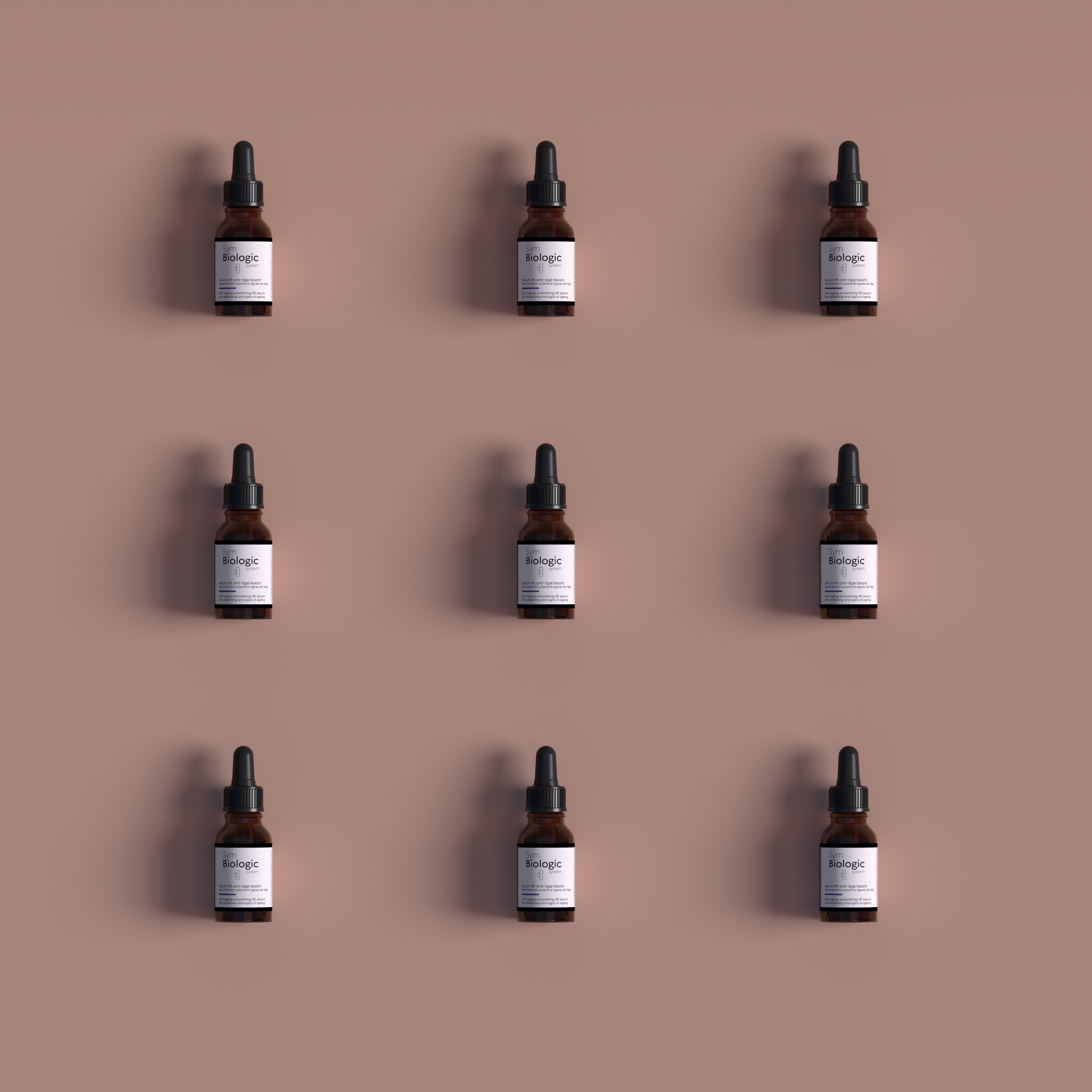 Image of nine Anti-Aging Smoothing Lift Serum bottles displayed in a 3x3 square grid from the front, against a light red backdrop, highlighting the product&