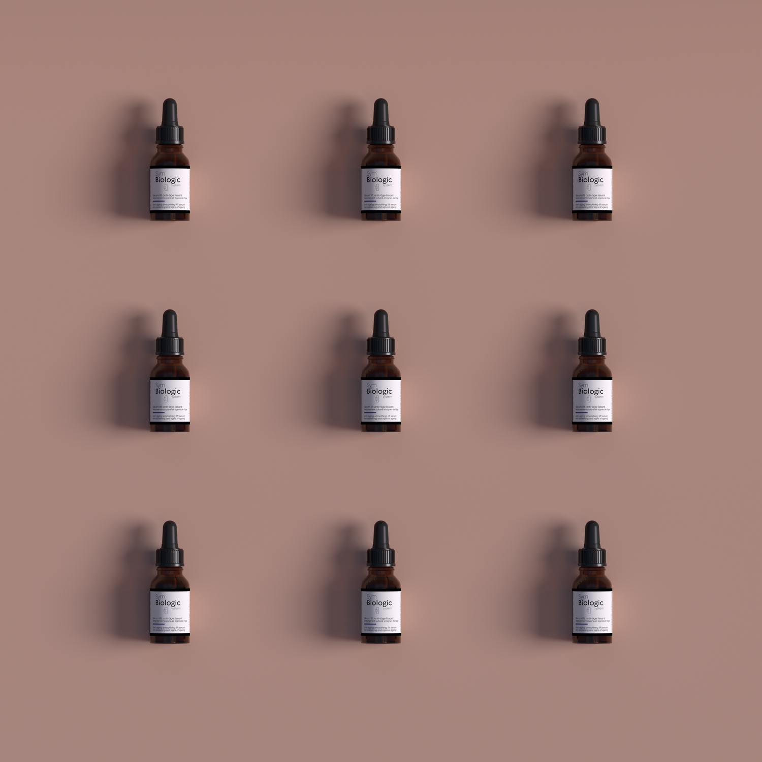Image of nine Anti-Aging Smoothing Lift Serum bottles displayed in a 3x3 square grid from the front, against a light red backdrop, highlighting the product's elegant packaging and its box.