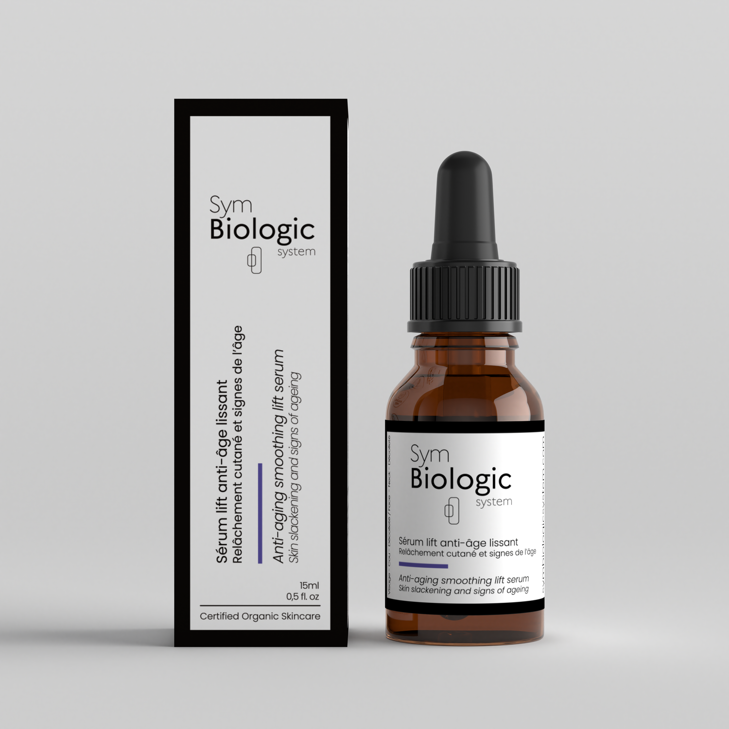 Anti-Aging Smoothing Lift Serum in a 15ml glass dropper bottle with its box on a white background, for firming and smoothing.